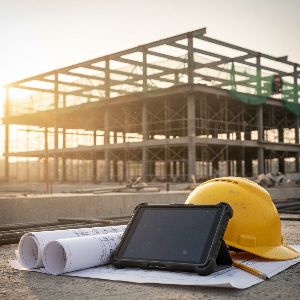 Ruggedized tablet on construction blueprints with hard hat at a Central Florida jobsite